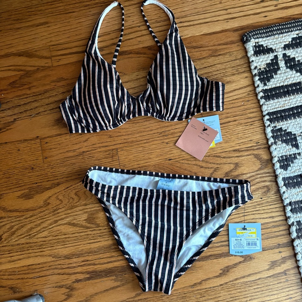 Shade & Shore Black and White Striped Swimwear. SB3
